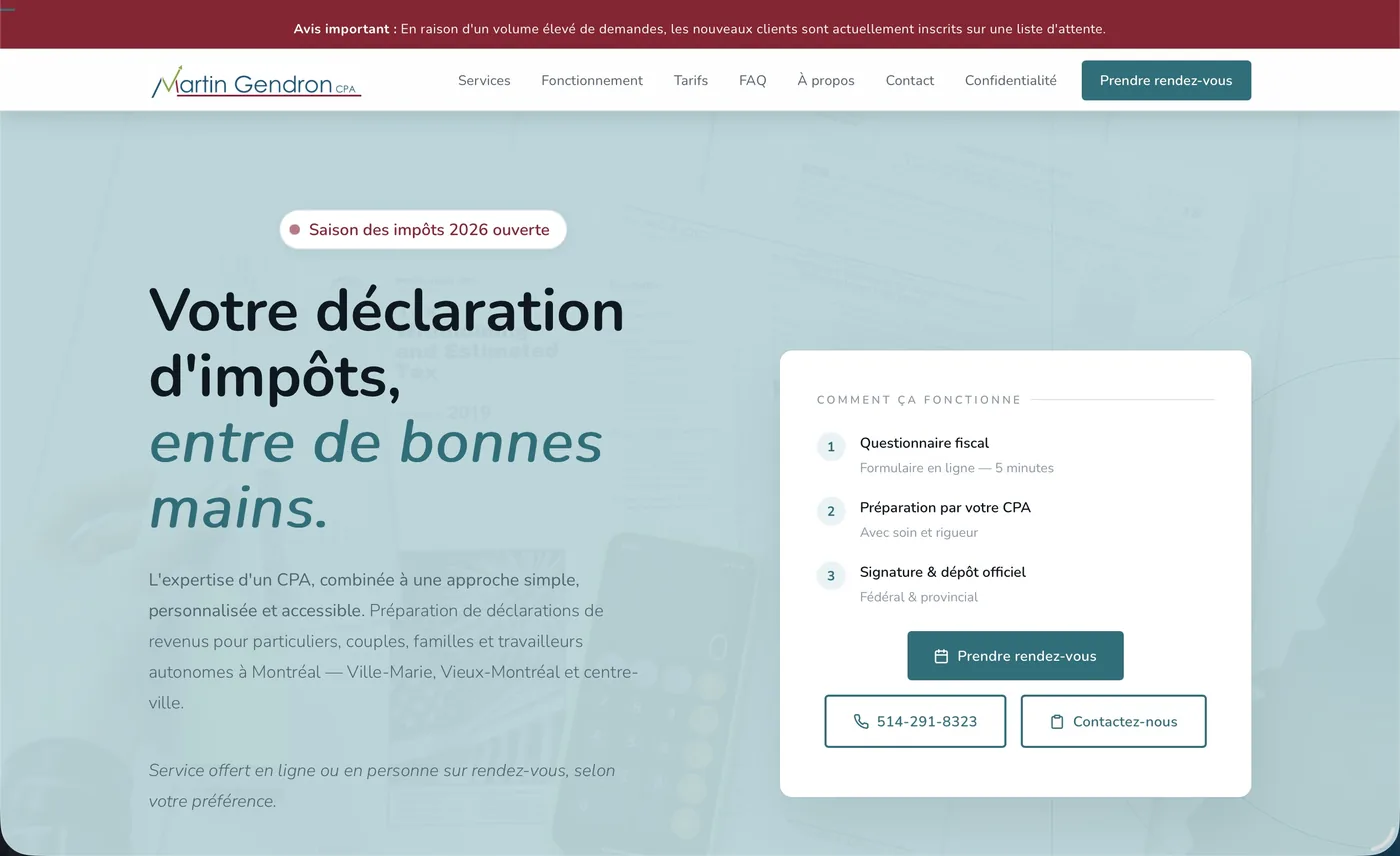 Aperçu du site de Martin Gendron CPA