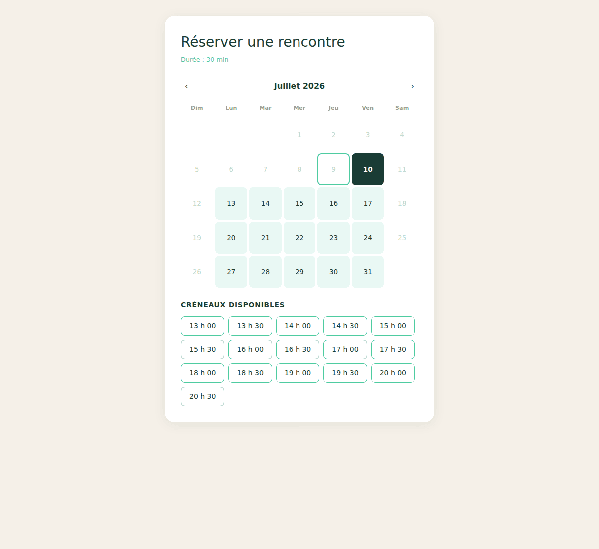 Réservation en ligne — créneaux réels selon les disponibilités