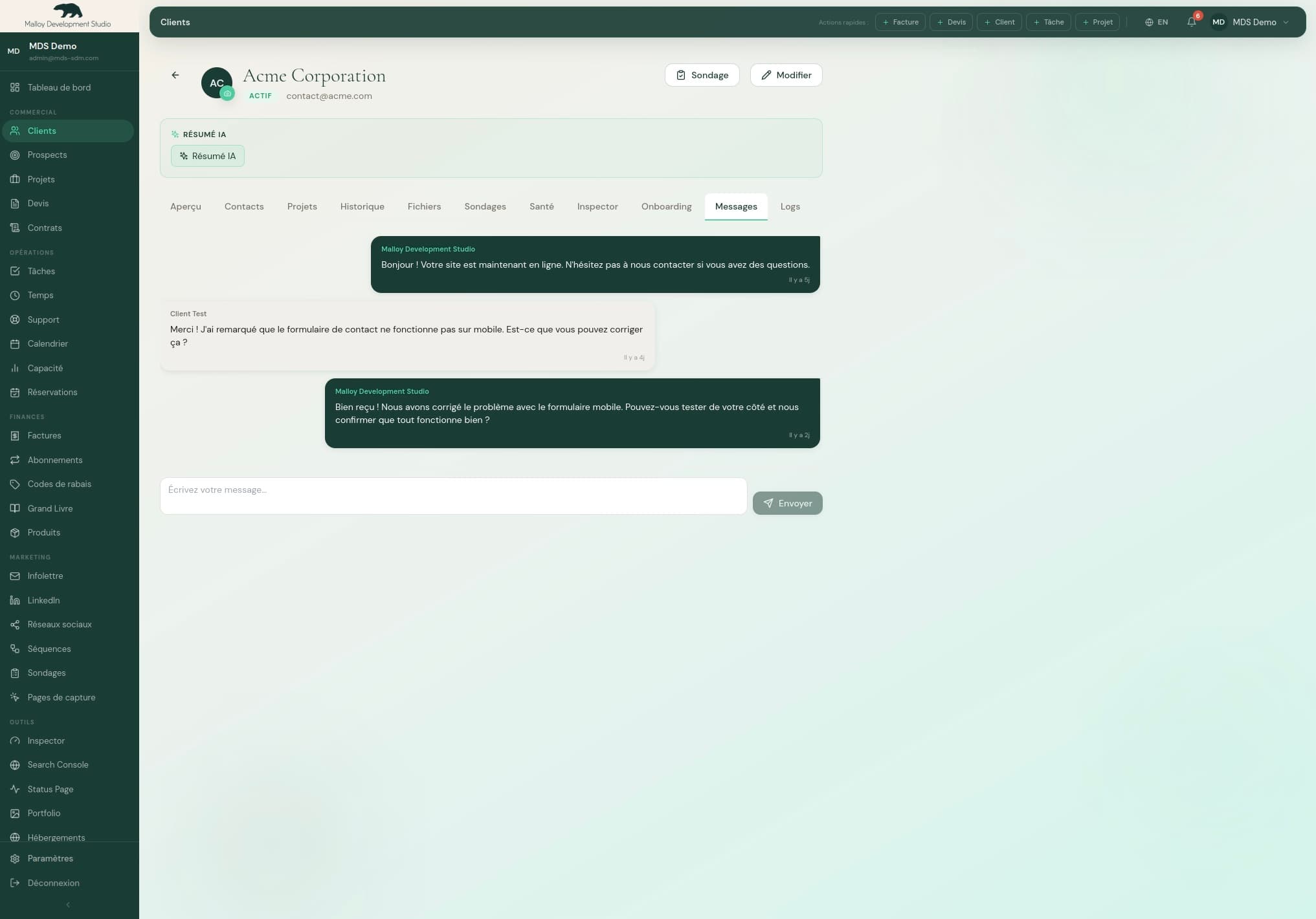 Outil CRM Interne — capture d'écran