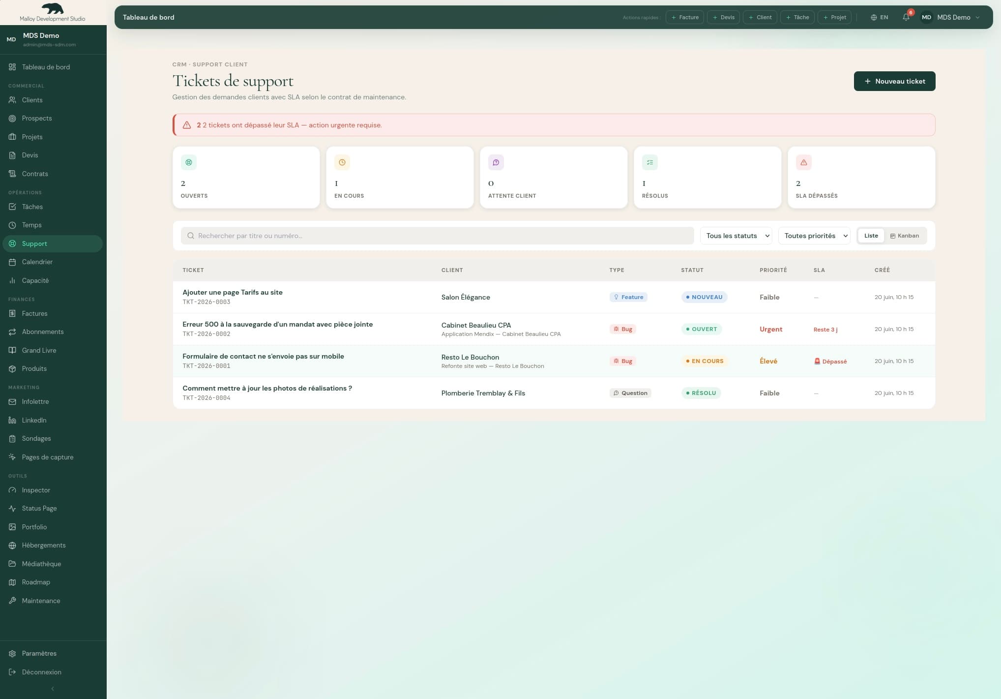 Outil CRM Interne — capture d'écran