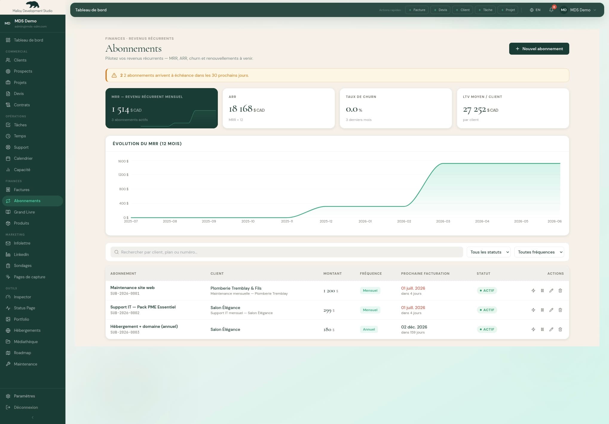 Outil CRM Interne — capture d'écran