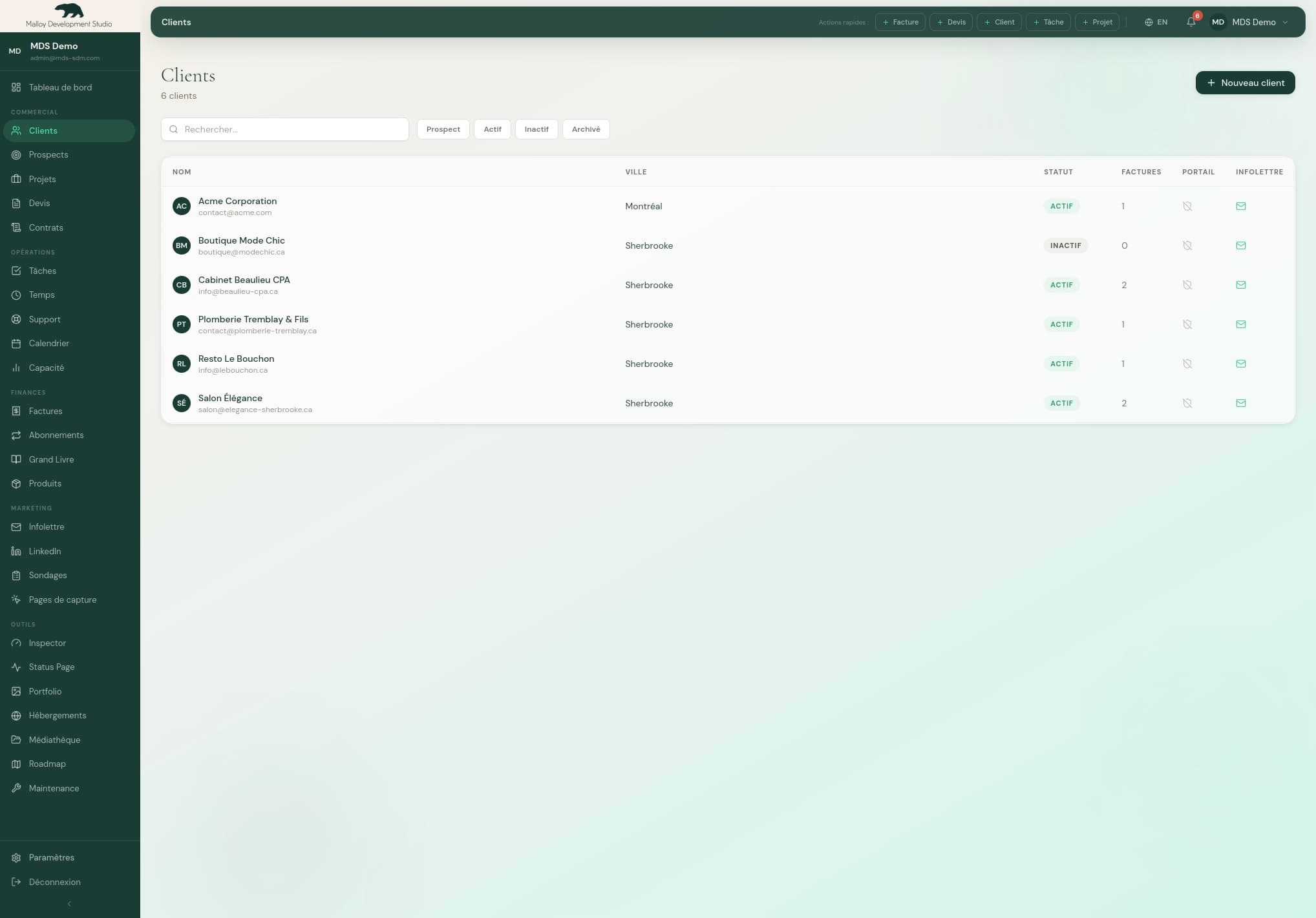Outil CRM Interne — capture d'écran
