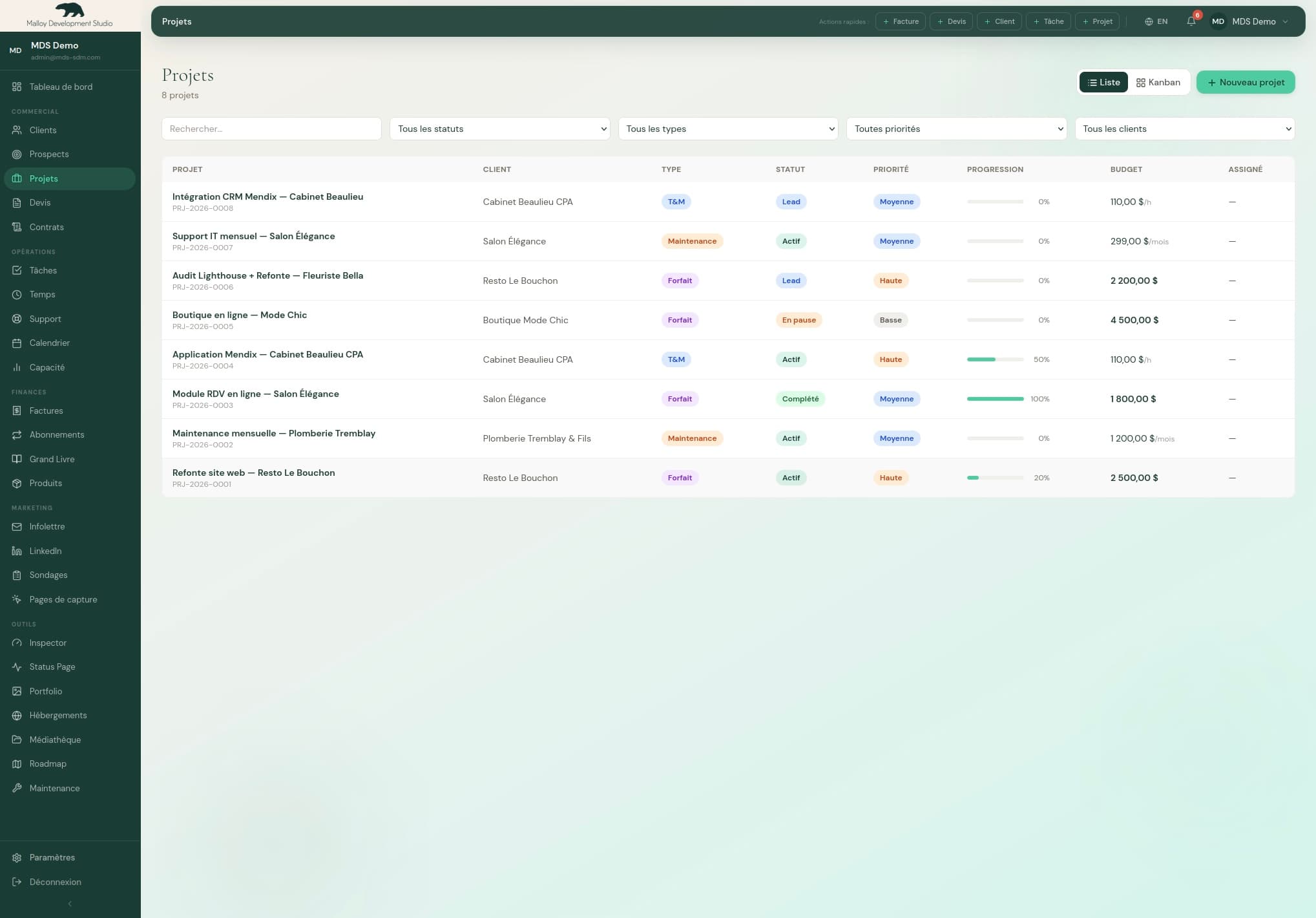 Outil CRM Interne — capture d'écran